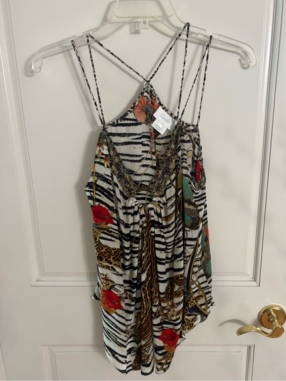 Camilla 100% Silk Leopard Floral Strap Blouse w/Crystal Bead Trim &Brass Leopard